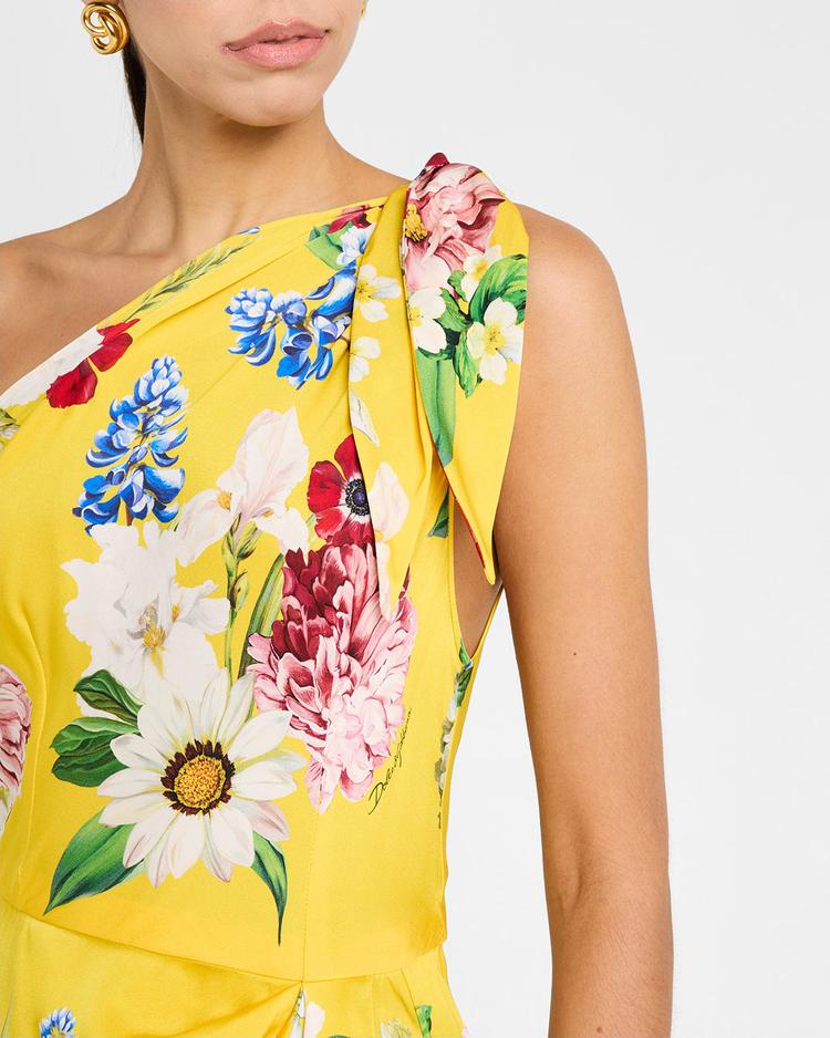 floral tie one-shoulder charmeuse midi dress