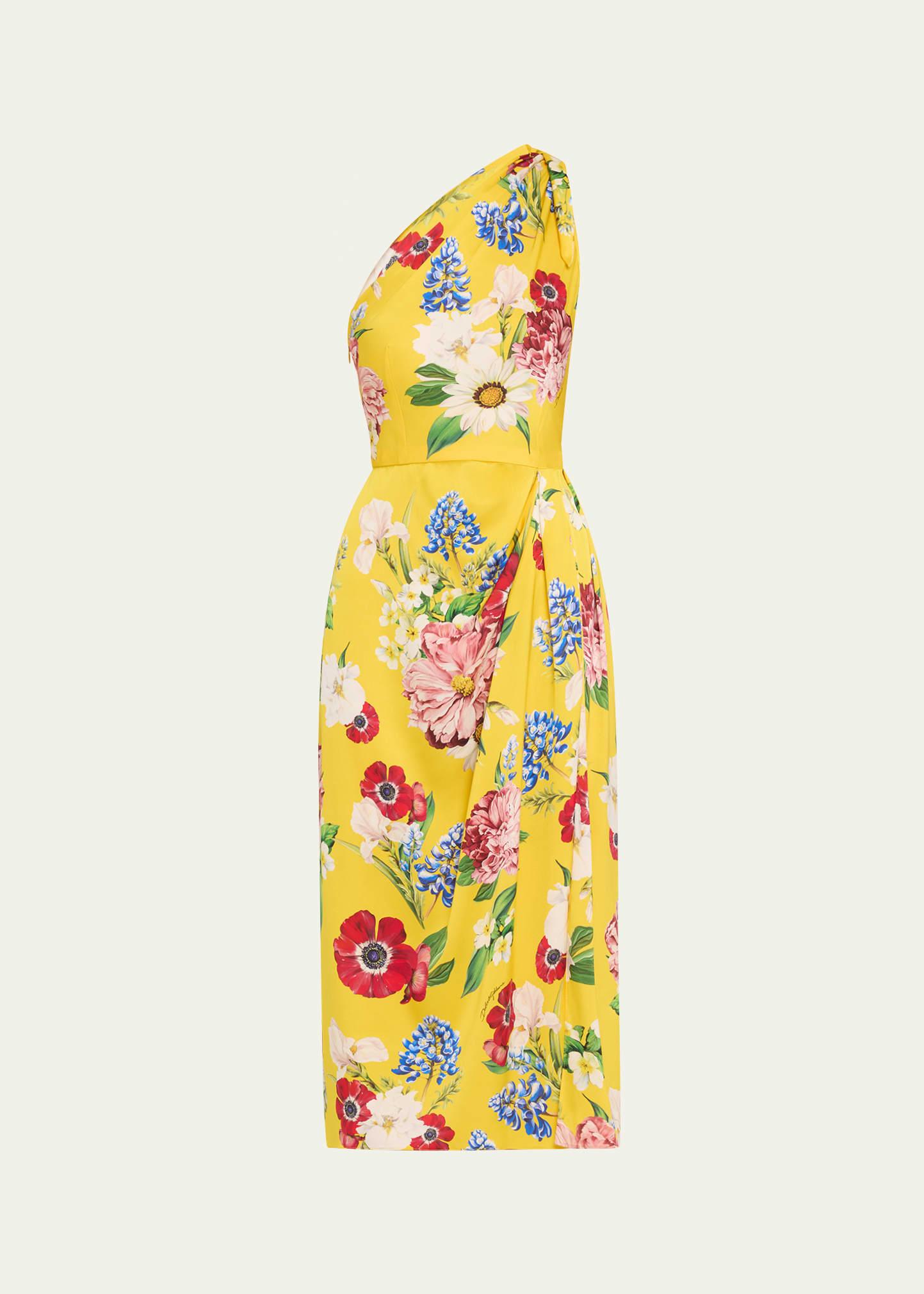 floral tie one-shoulder charmeuse midi dress