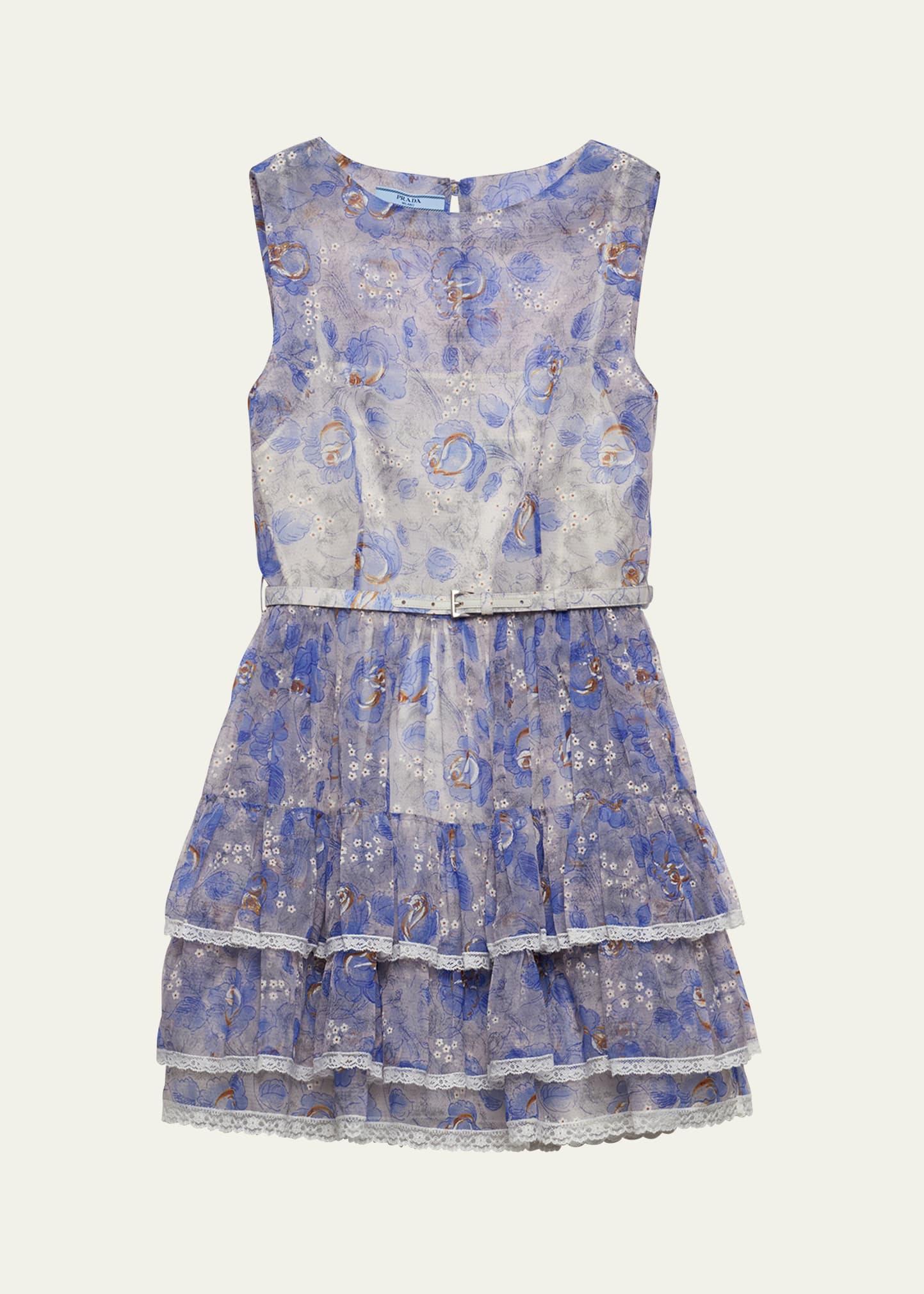 floral tiered lace-trim leather belted chiffon mini dress