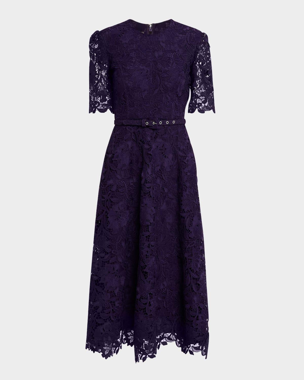 floral toile lace belted midi dress