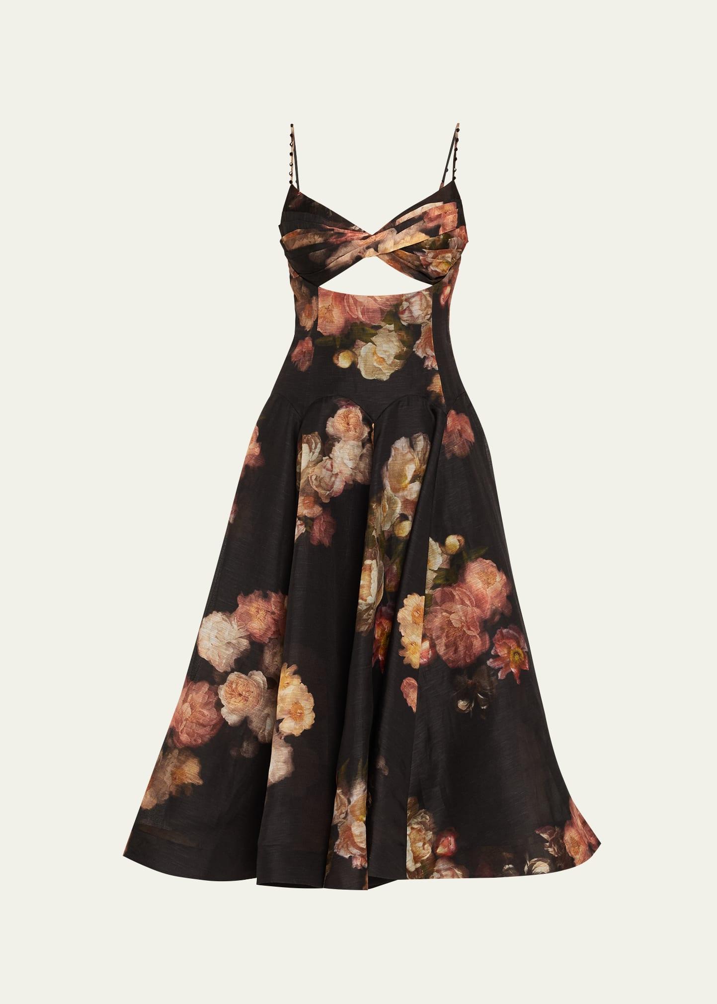 floral twist-front midi dress