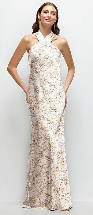 floral twist pleated halter bias satin maxi dress with self-tie bow back