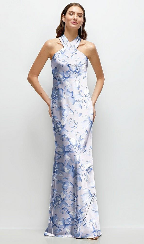 floral twist pleated halter bias satin maxi dress with self-tie bow back