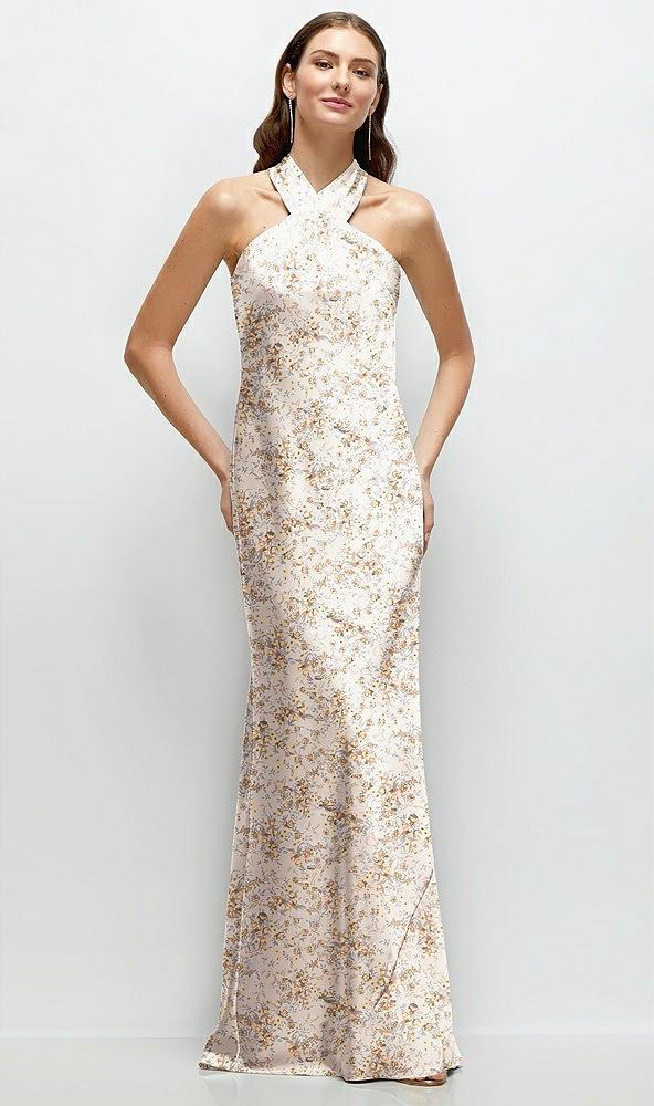 floral twist pleated halter bias satin maxi dress with self-tie bow back