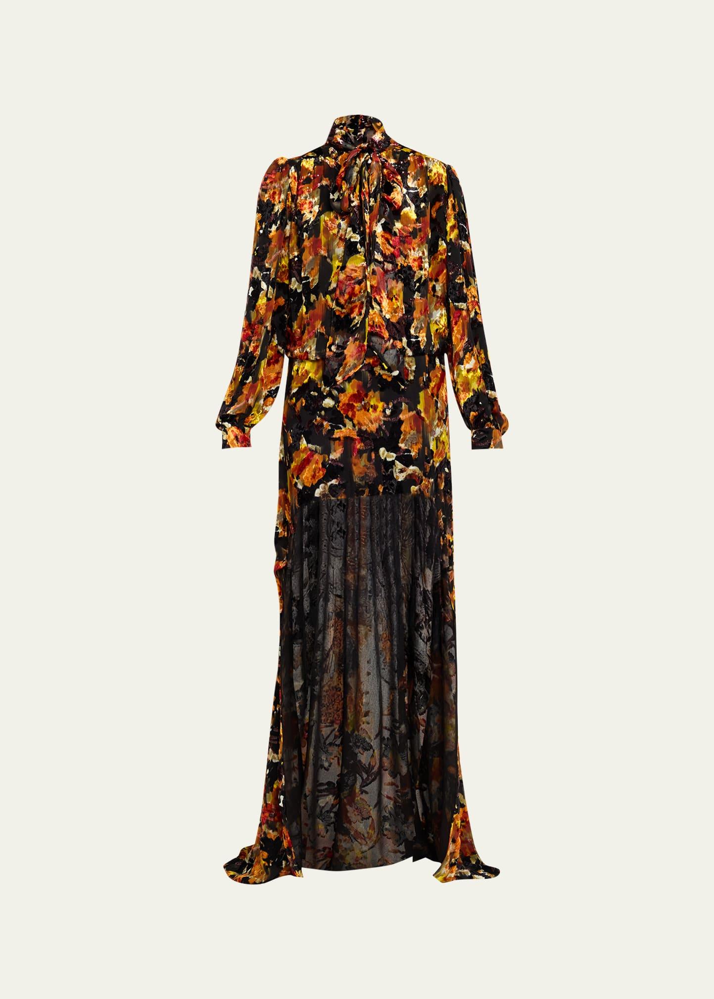 floral velvet long-sleeve high-low dress
