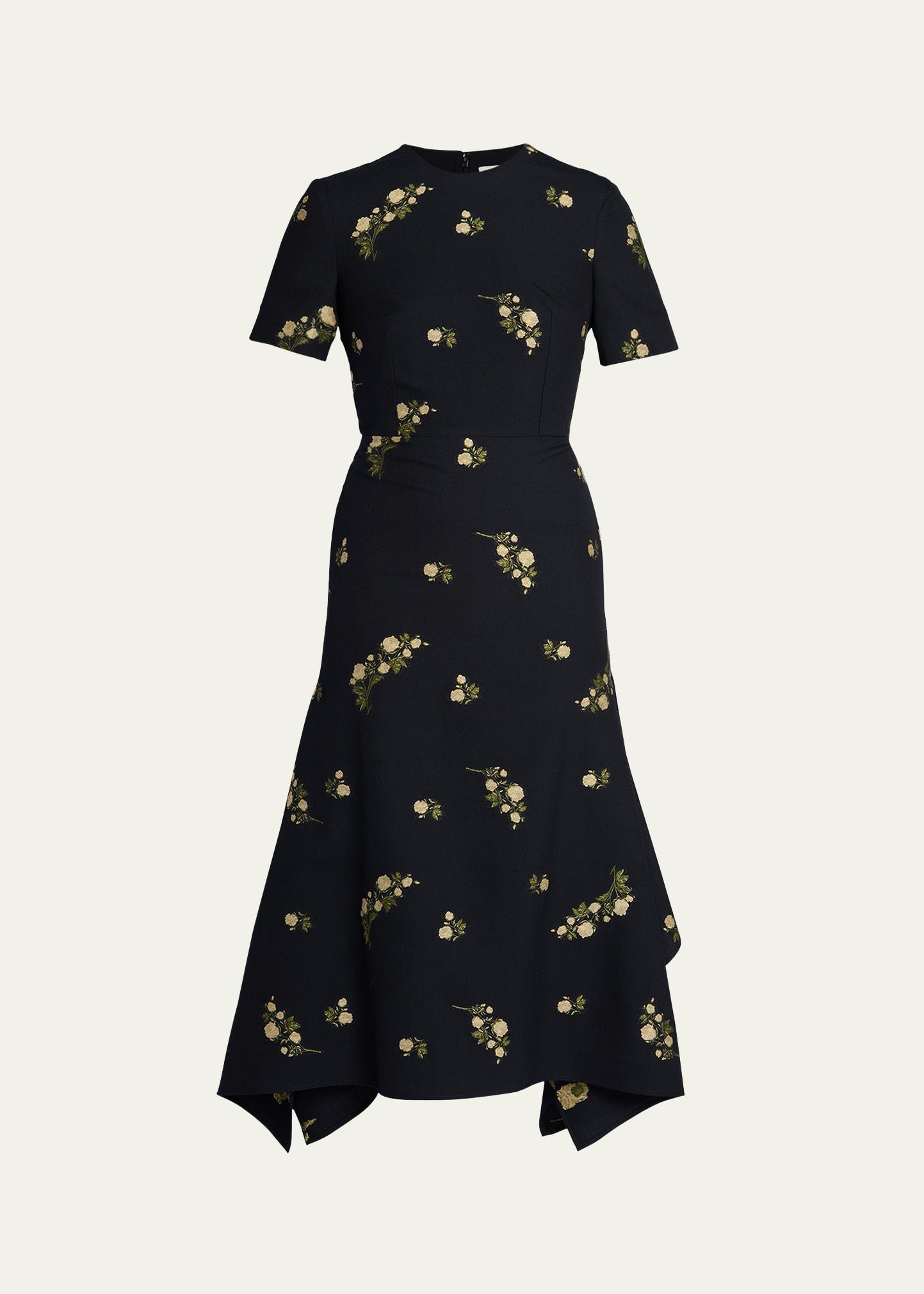 floral wool & cotton short-sleeve midi dress