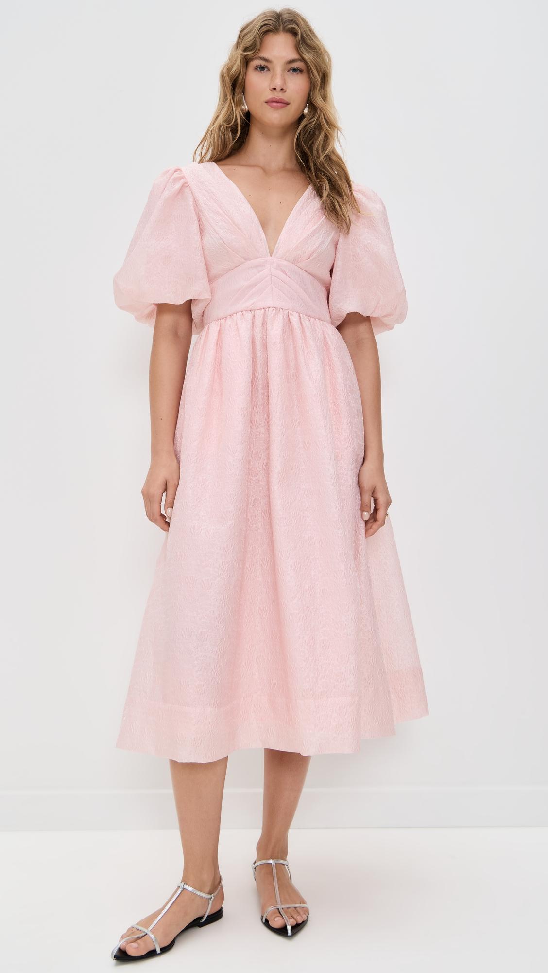 florence embossed puff sleeve midi dress