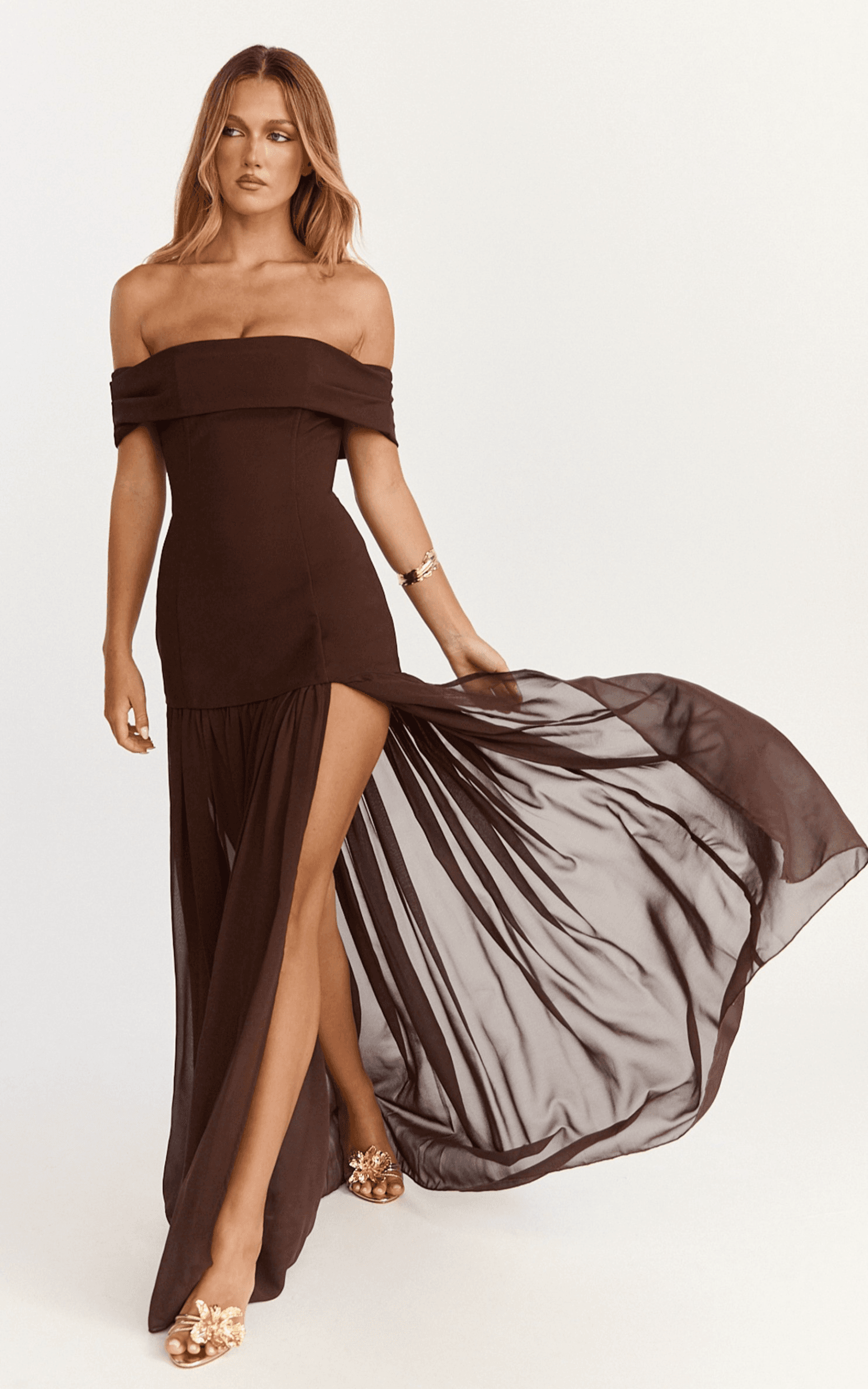 florence maxi dress - off shoulder sheer skirt dress in chocolate