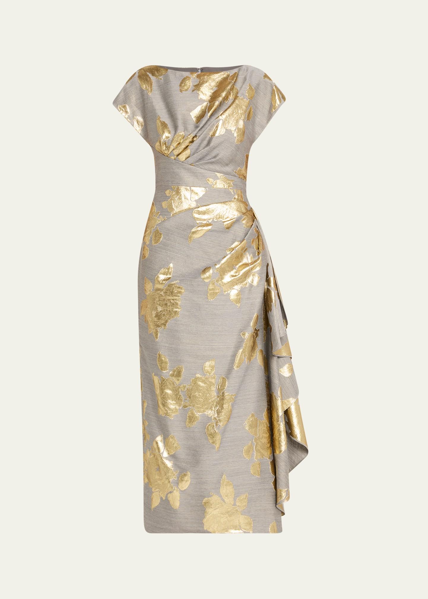 florence metallic floral jacquard draped midi dress