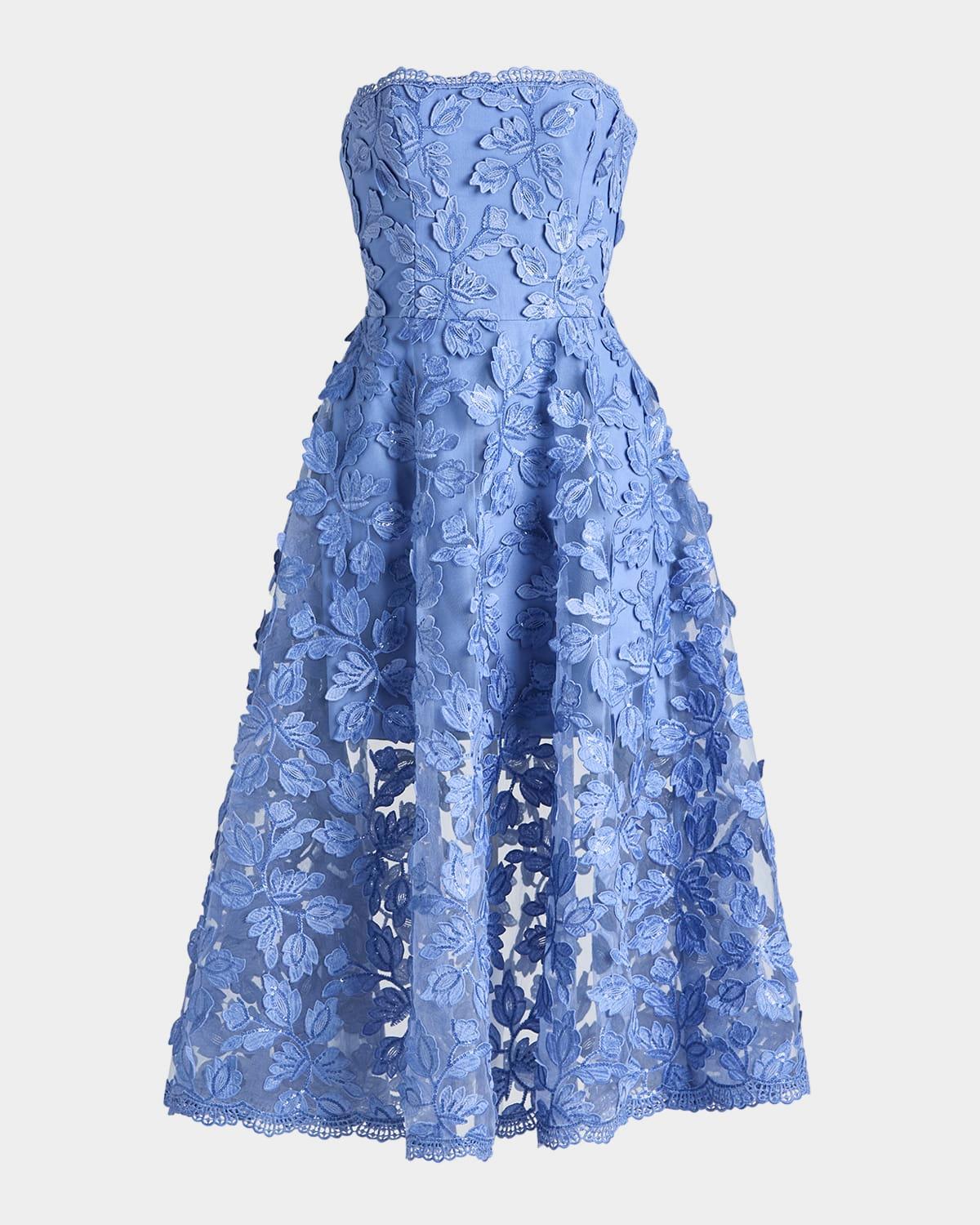 florence strapless lace applique midi dress