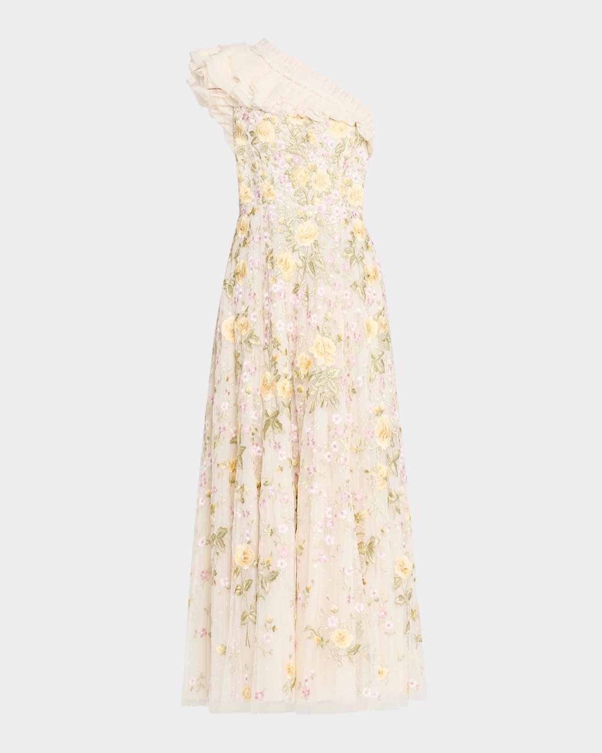 florine one-shoulder embroidered tulle gown