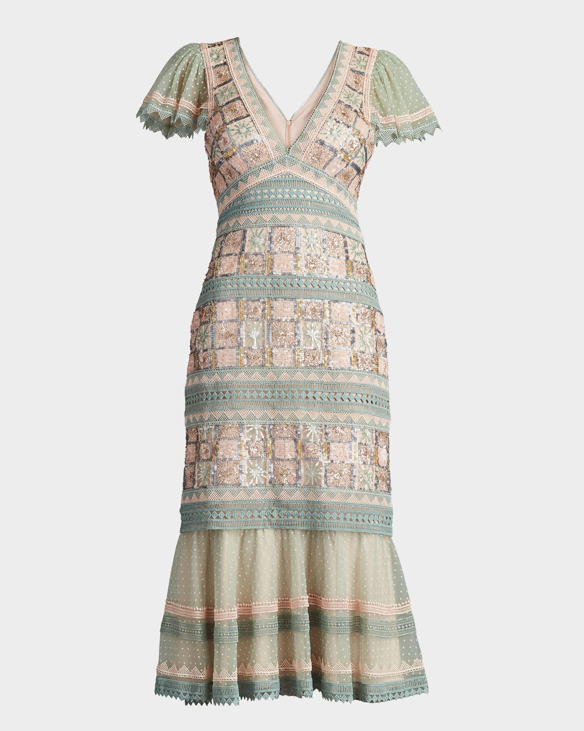 flounce geometric sequin & lace midi dress