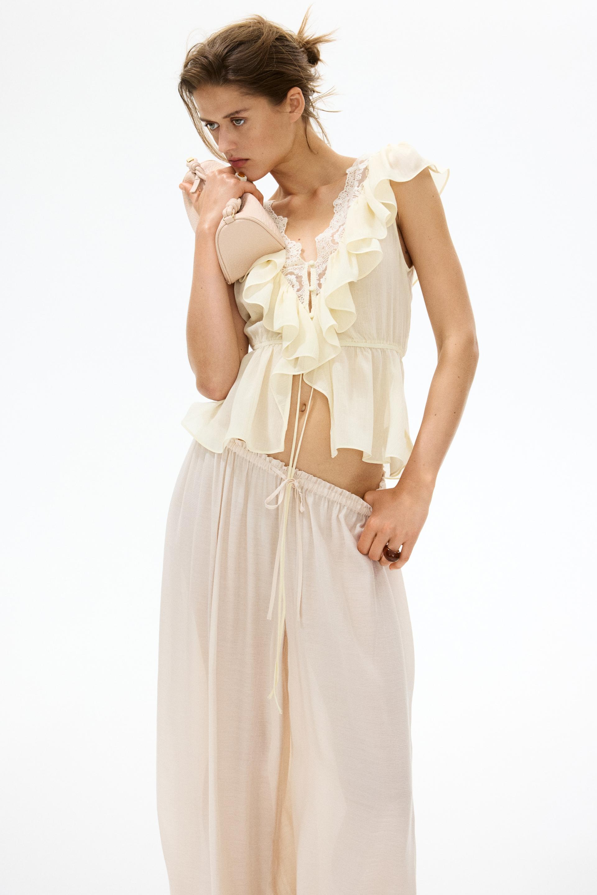 flounce-trimmed lyocell top