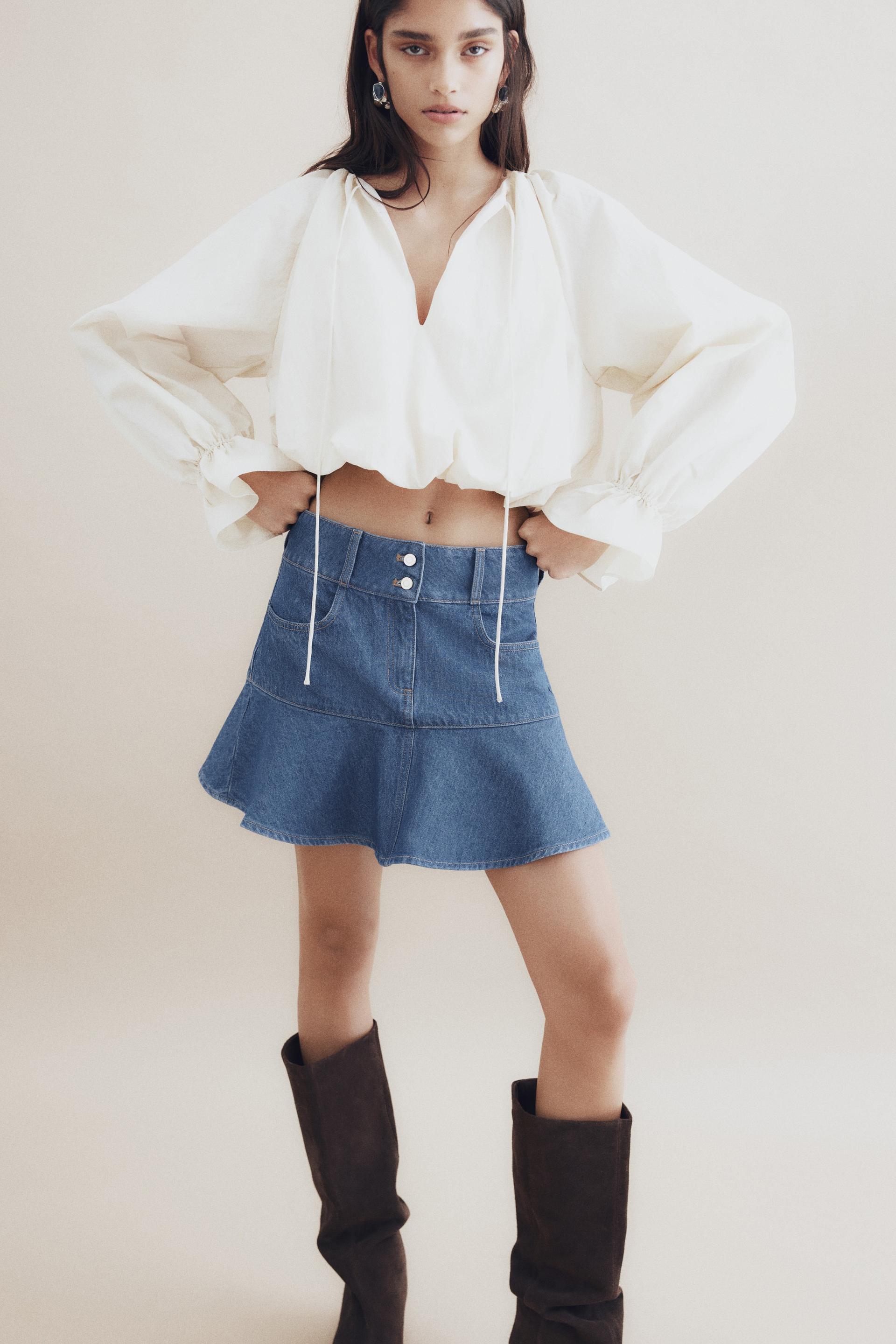 flounced denim mini skirt