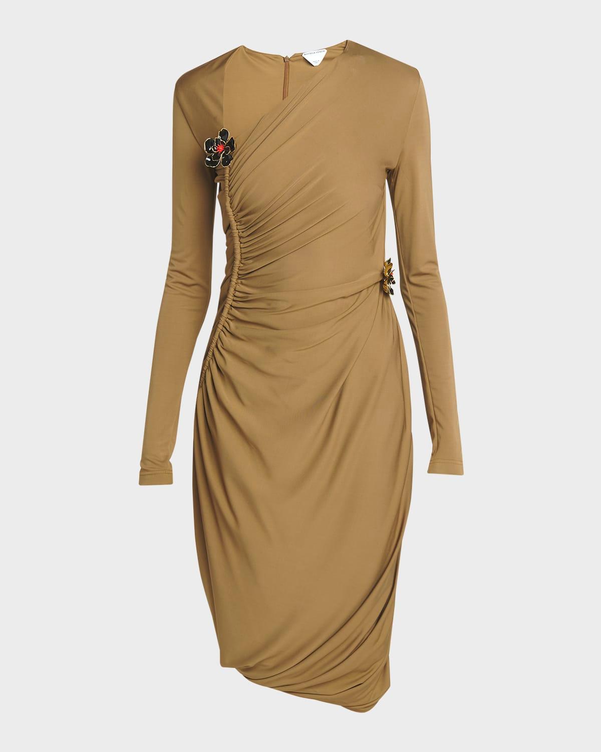 flower-applique long-sleeve ruched matte crepe viscose jersey dress