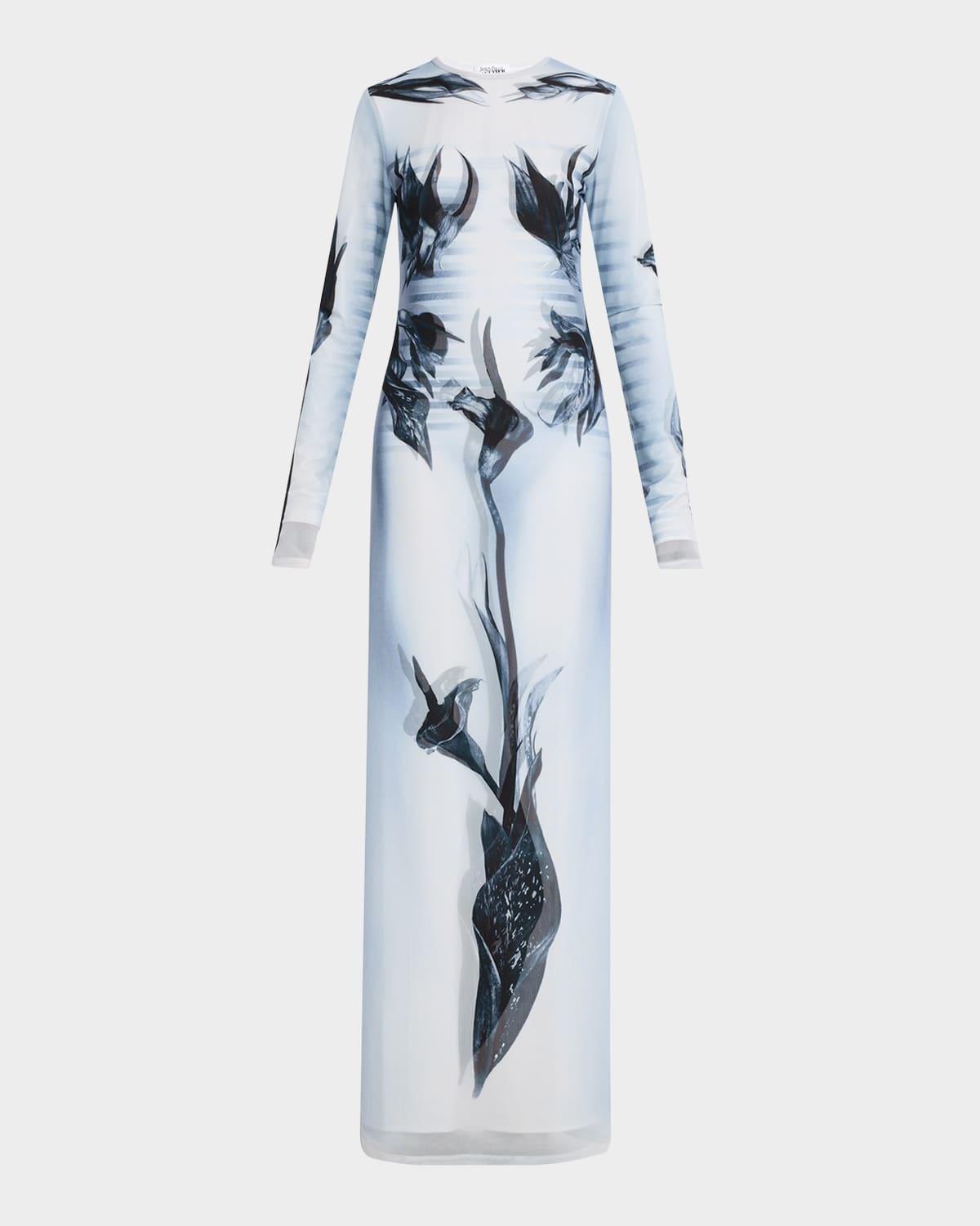 flower body morphing mariniere-print layered mesh maxi dress