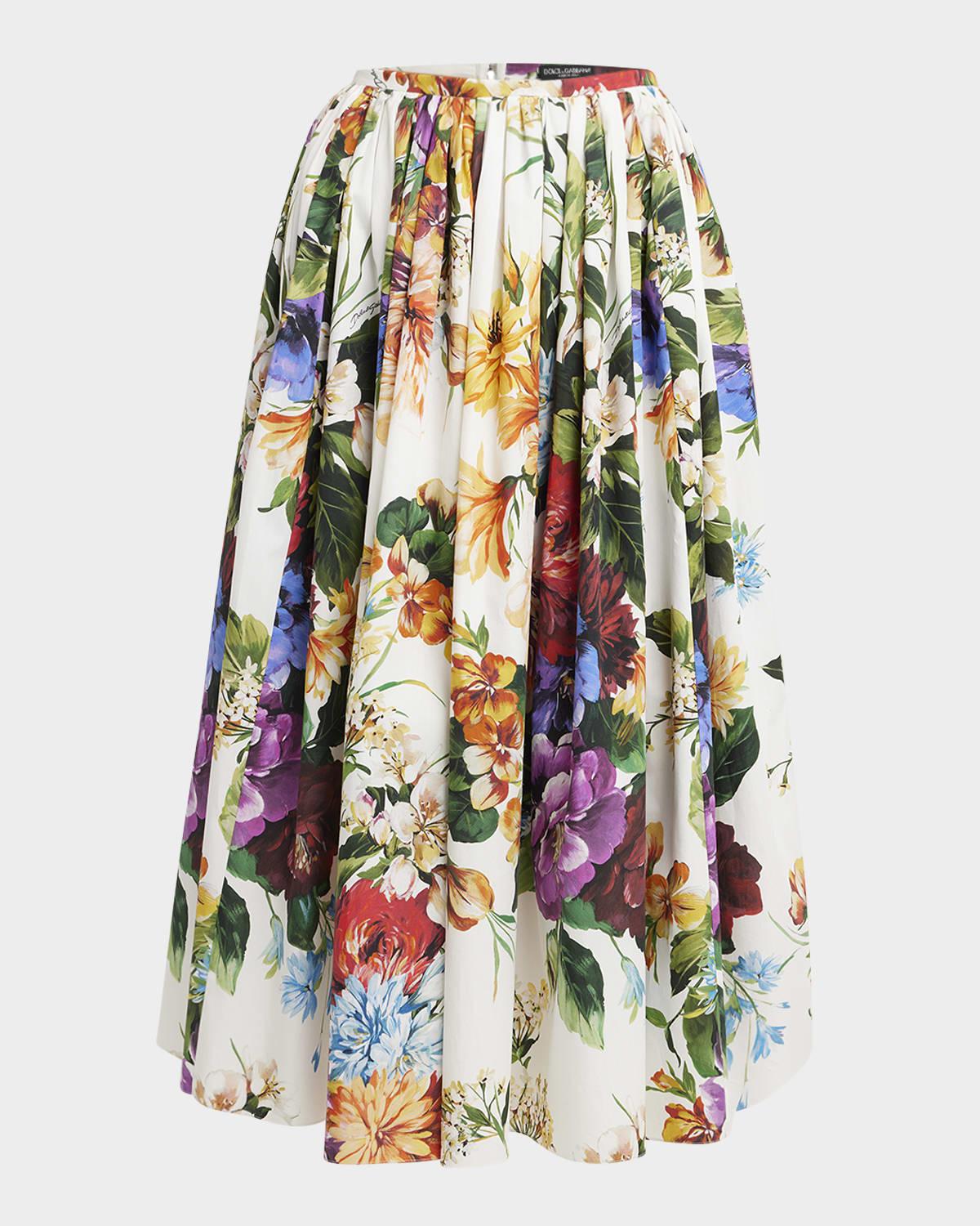 flower bouquet pleated popeline midi skirt