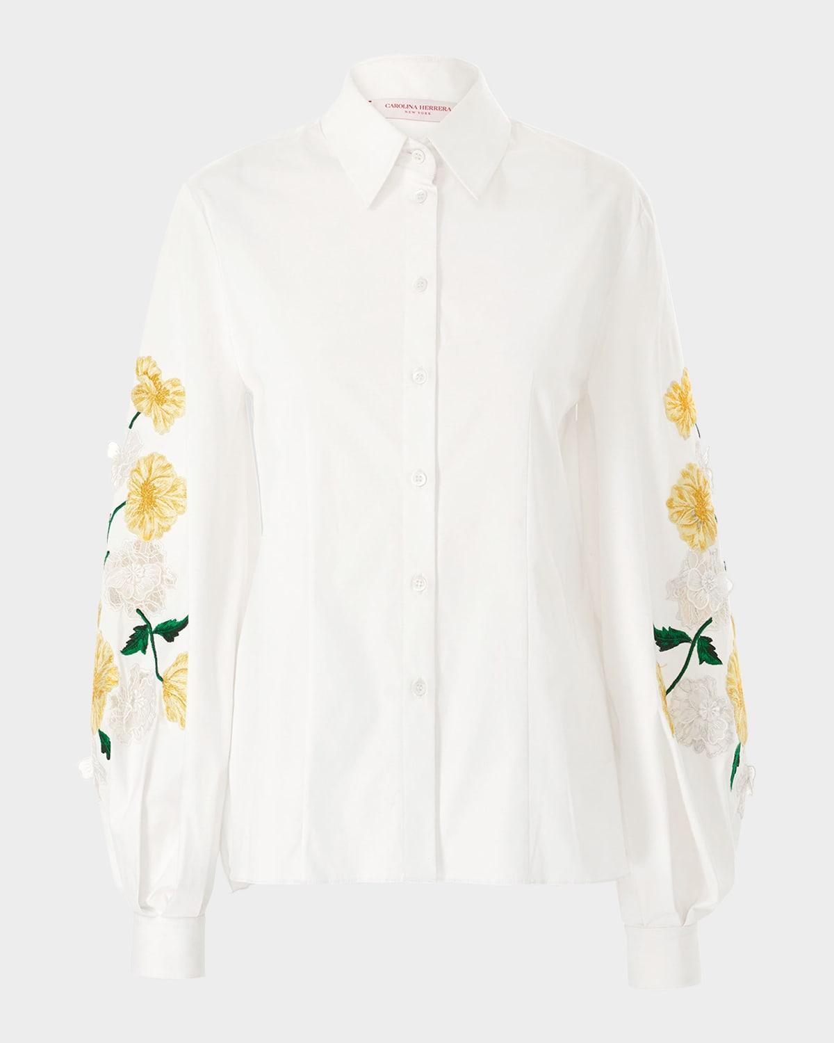 flower embroidered puff-sleeve button-down shirt