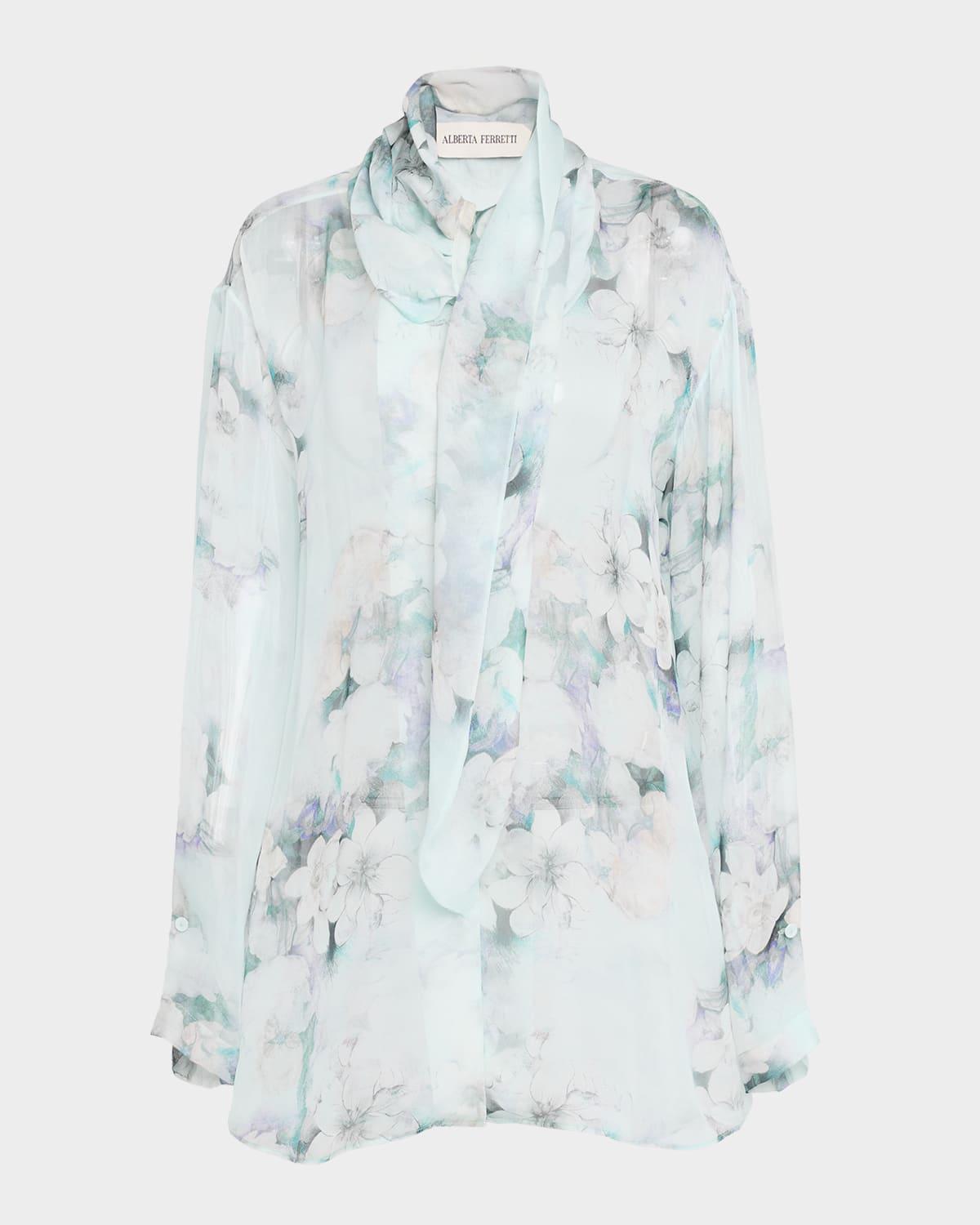flower print chiffon scarf-neck blouse