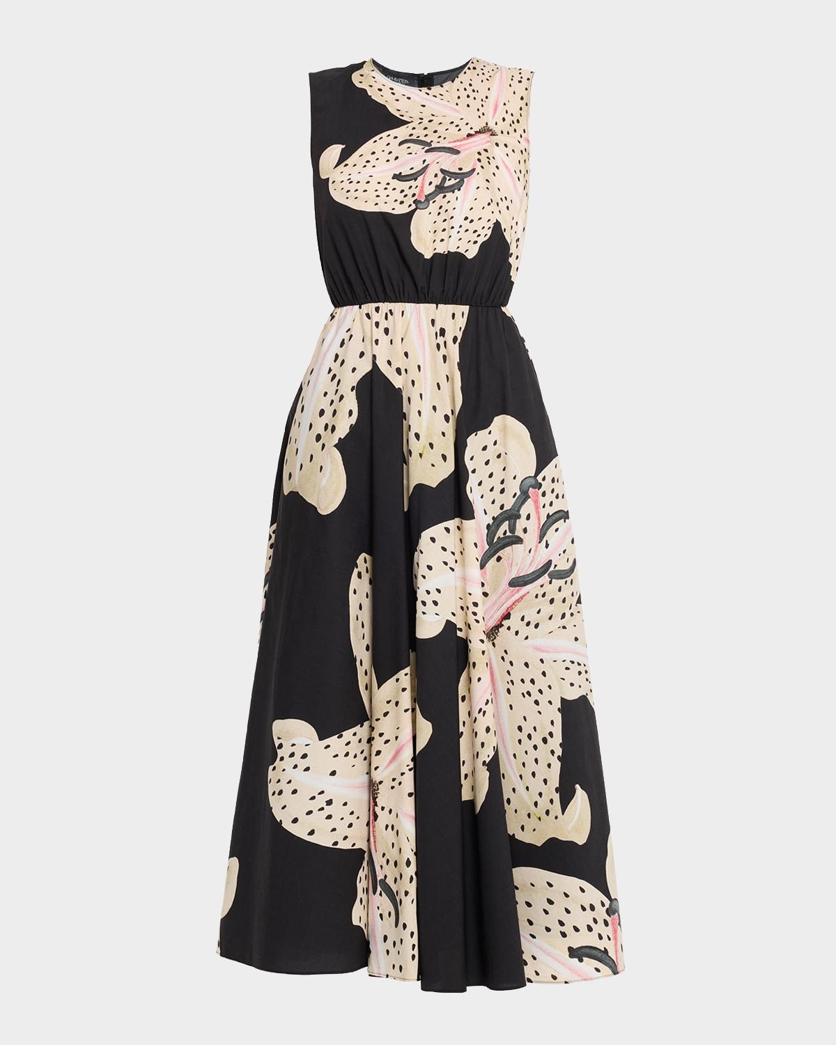 flower-print popeline sleeveless midi dress