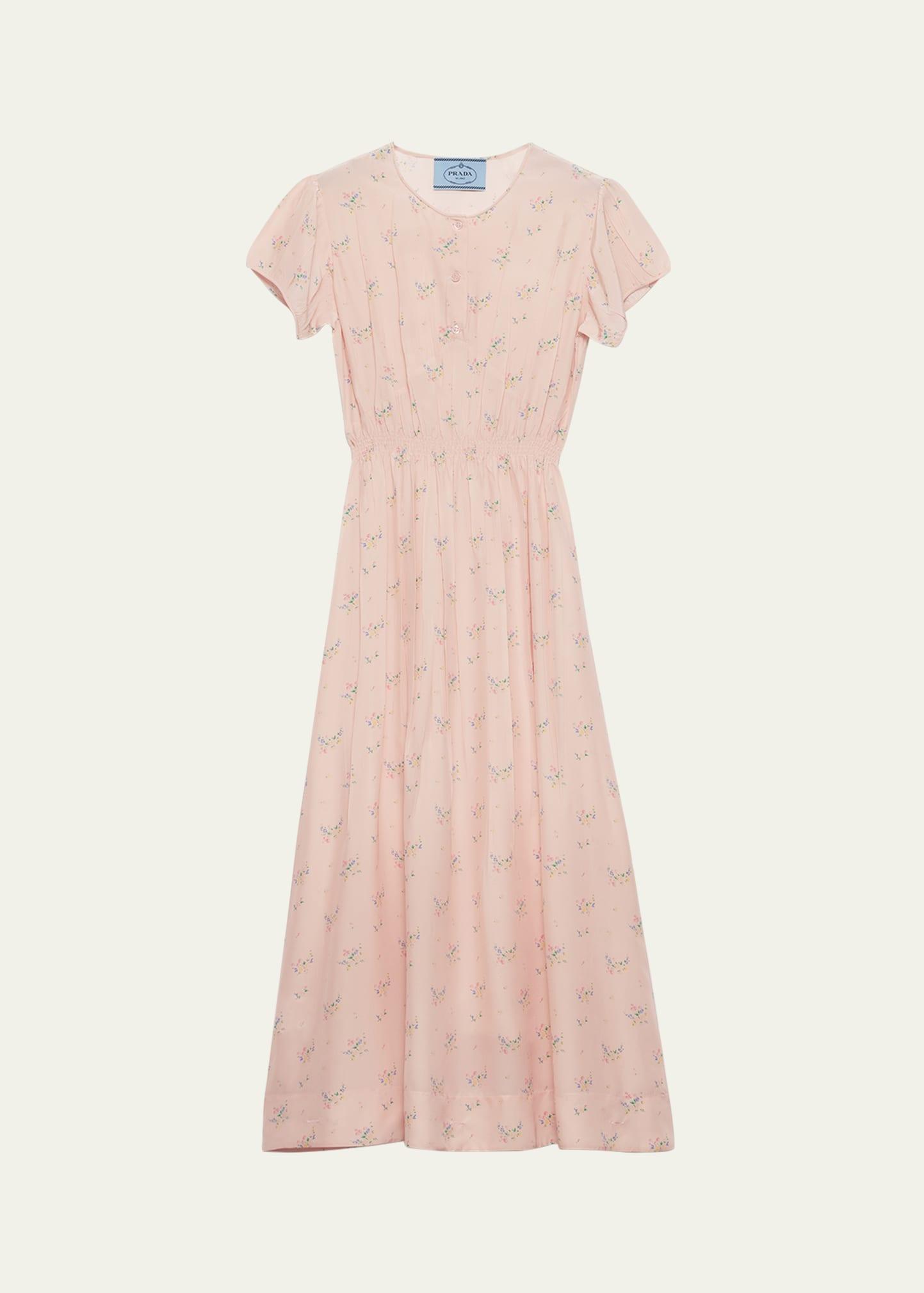 flower-print silk ponge short-sleeve midi dress