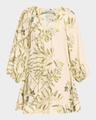 flowy puff-sleeve printed linen mini dress
