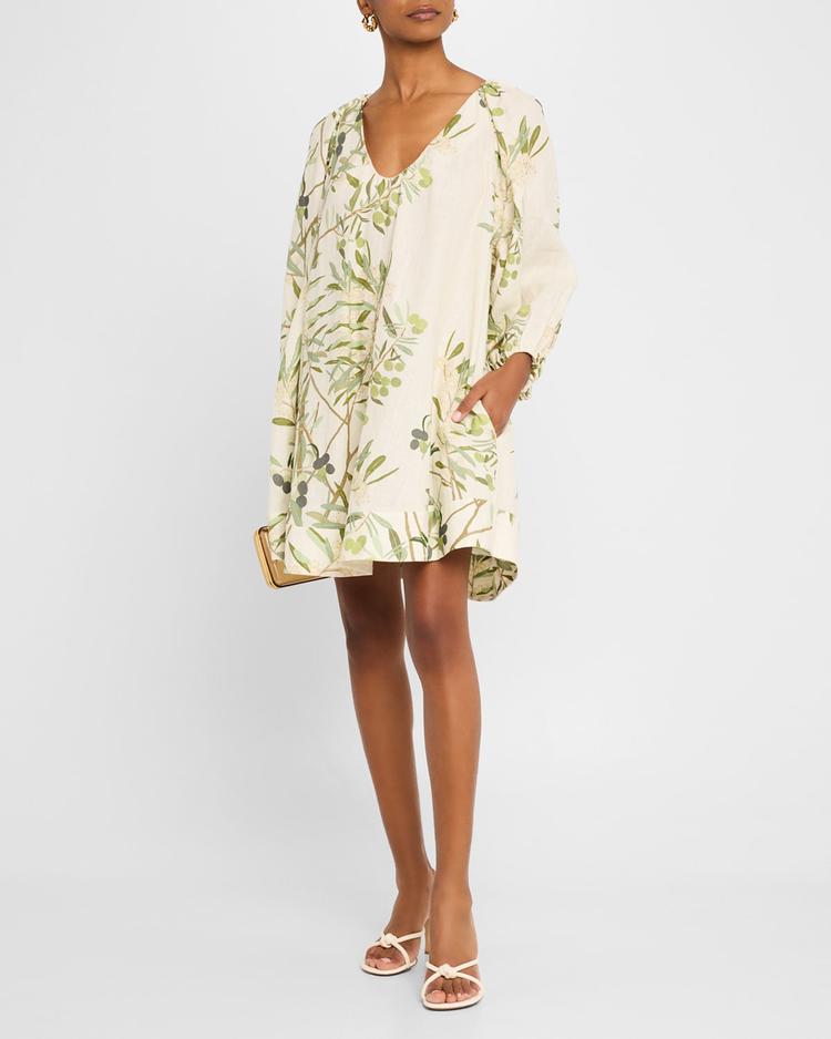 flowy puff-sleeve printed linen mini dress