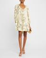 flowy puff-sleeve printed linen mini dress