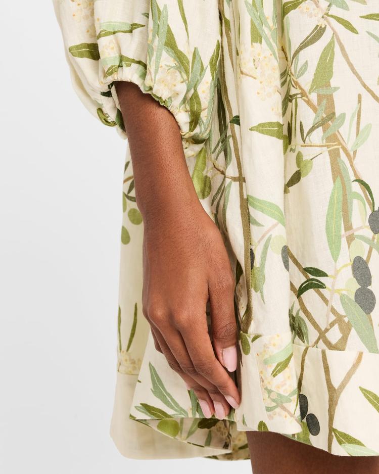 flowy puff-sleeve printed linen mini dress