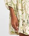 flowy puff-sleeve printed linen mini dress