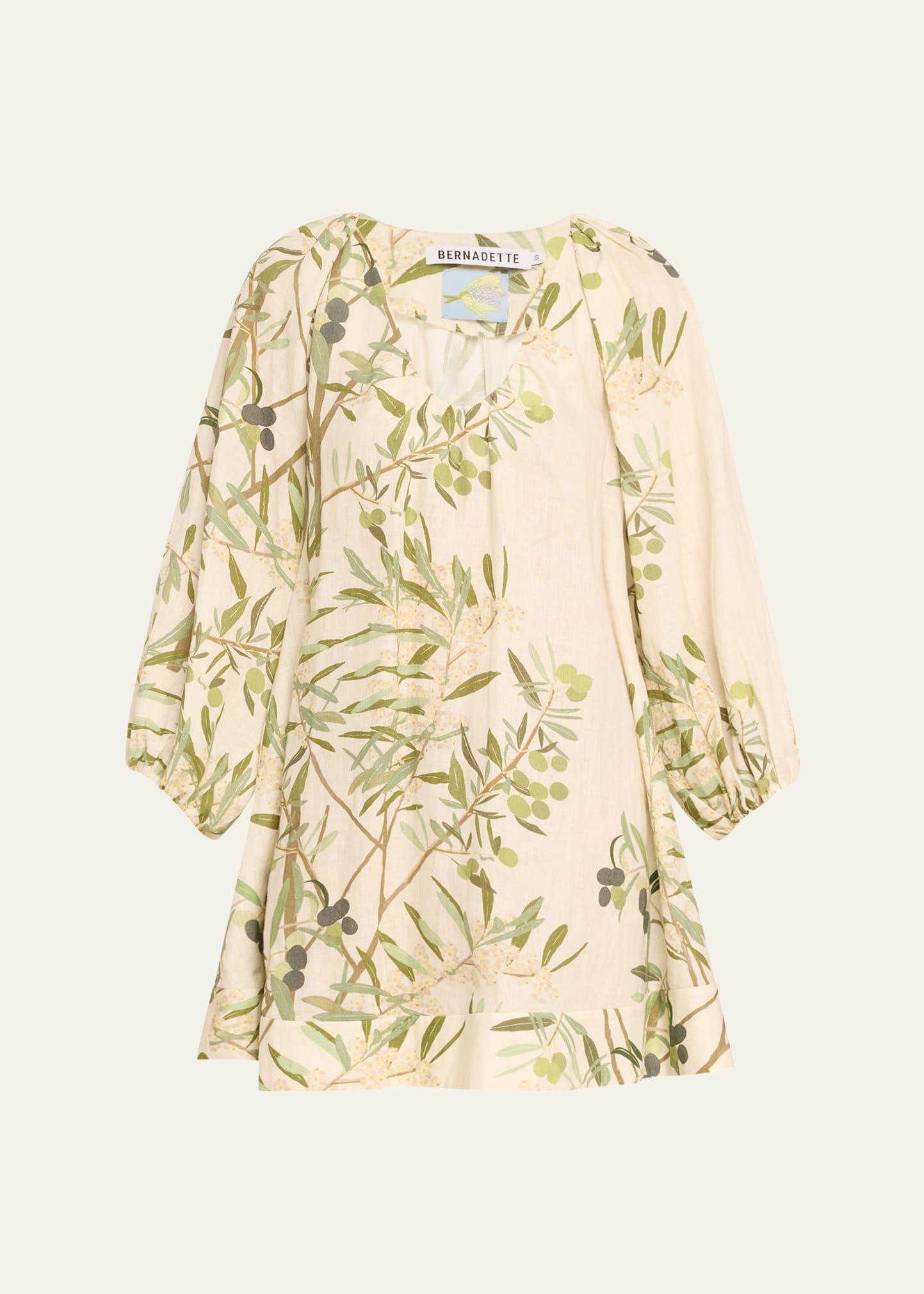 flowy puff-sleeve printed linen mini dress