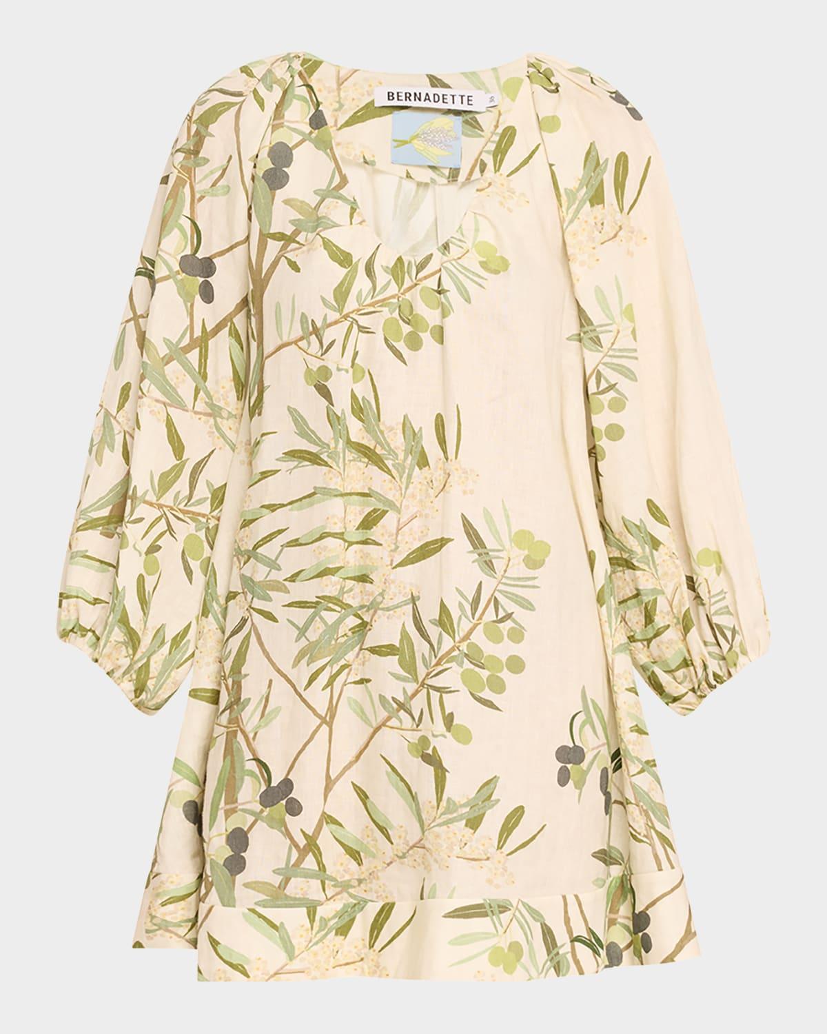 flowy puff-sleeve printed linen mini dress