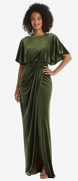 flutter sleeve open-back velvet maxi dress with draped wrap skirt