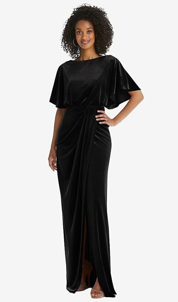 flutter sleeve open-back velvet maxi dress with draped wrap skirt