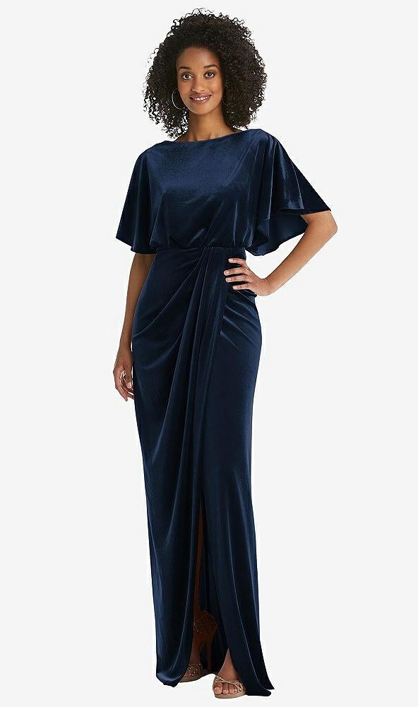 flutter sleeve open-back velvet maxi dress with draped wrap skirt