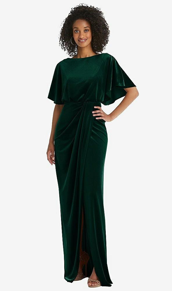 flutter sleeve open-back velvet maxi dress with draped wrap skirt