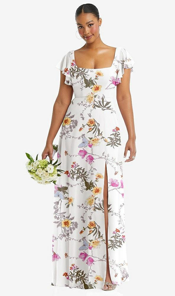 flutter sleeve scoop open-back chiffon maxi dress