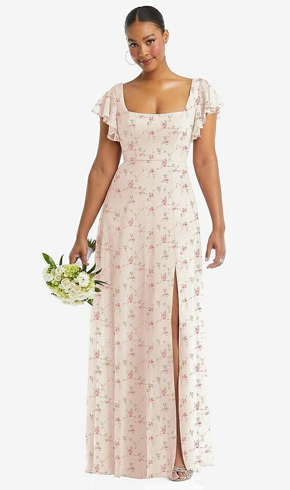 flutter sleeve scoop open-back chiffon maxi dress