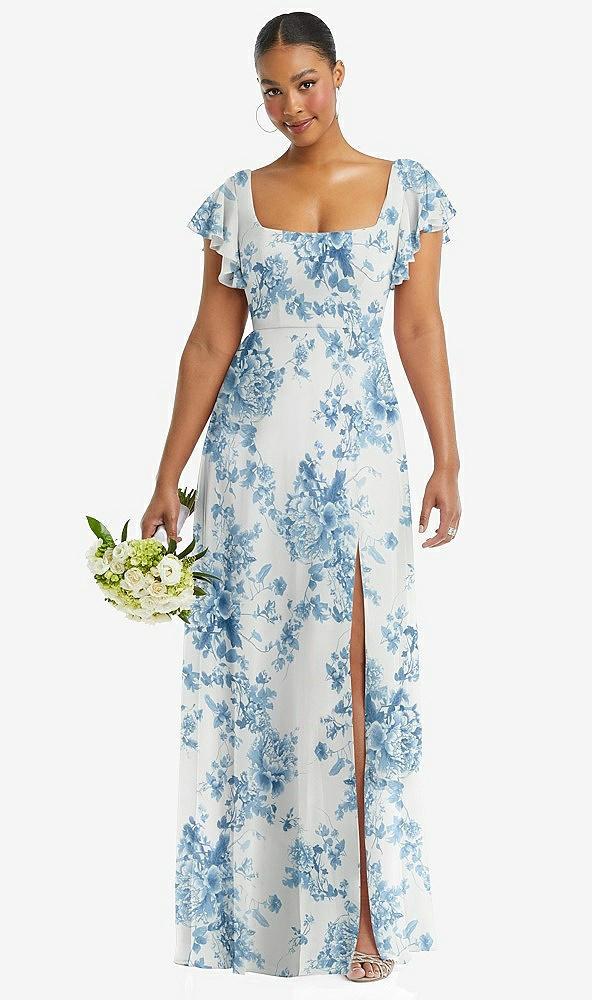 flutter sleeve scoop open-back chiffon maxi dress