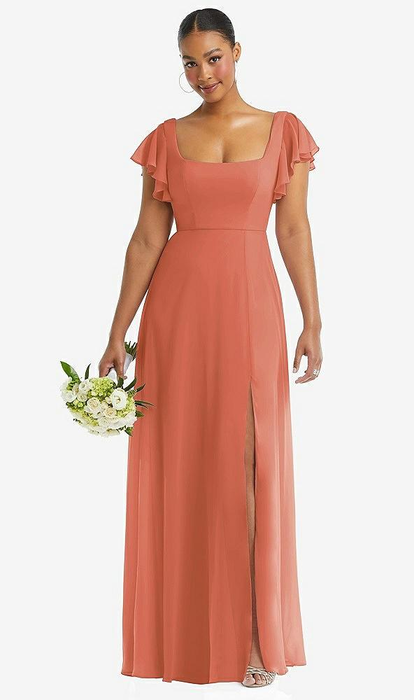flutter sleeve scoop open-back chiffon maxi dress