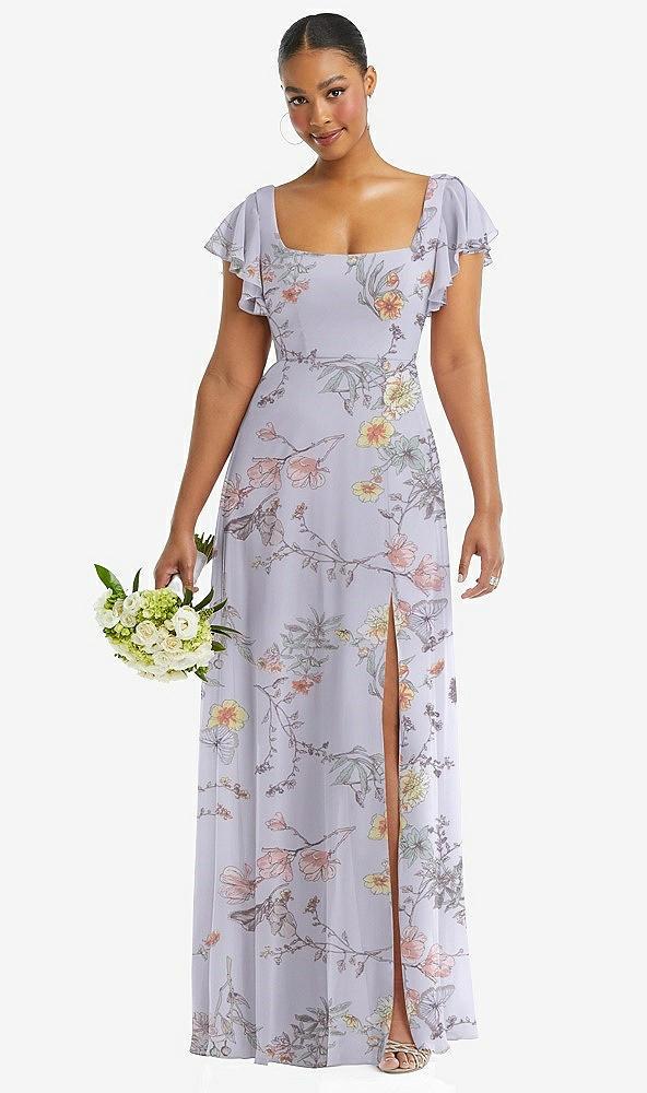 flutter sleeve scoop open-back chiffon maxi dress