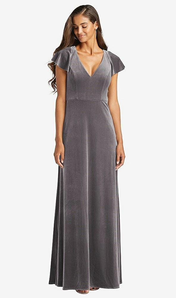 flutter sleeve velvet maxi dress with pockets