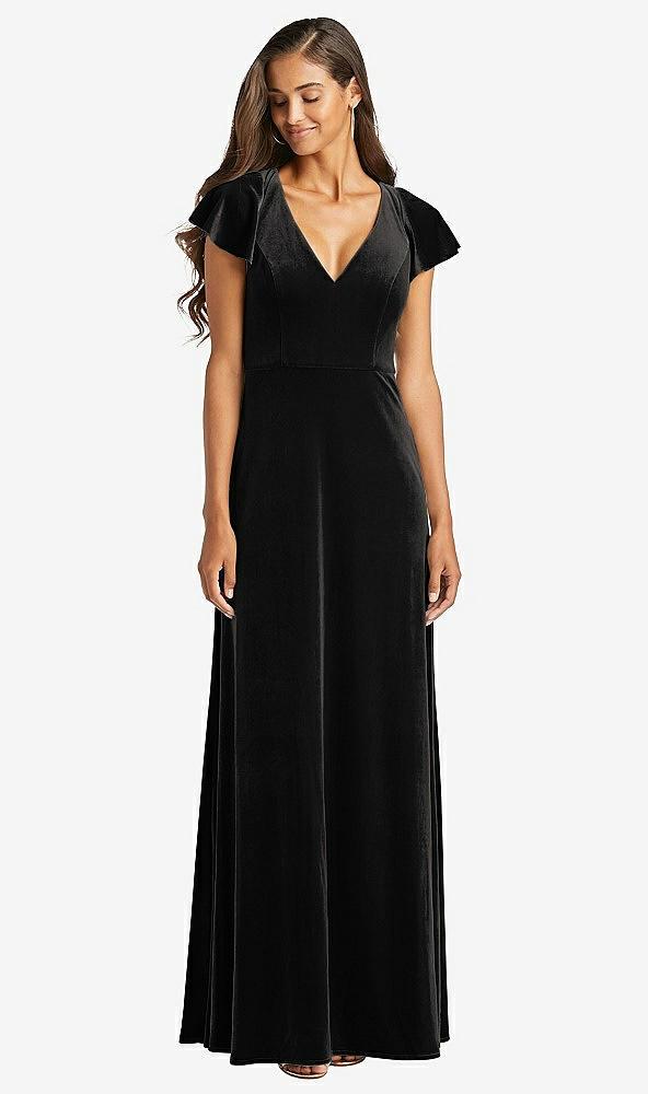 flutter sleeve velvet maxi dress with pockets