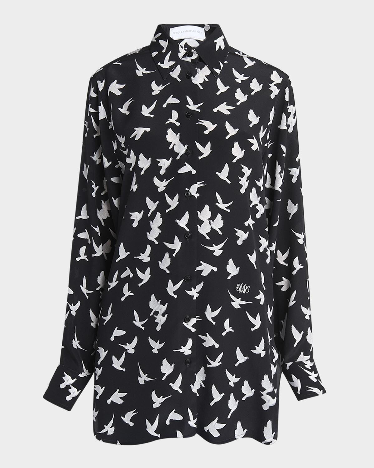 flying bird silk oversized button-down shirt