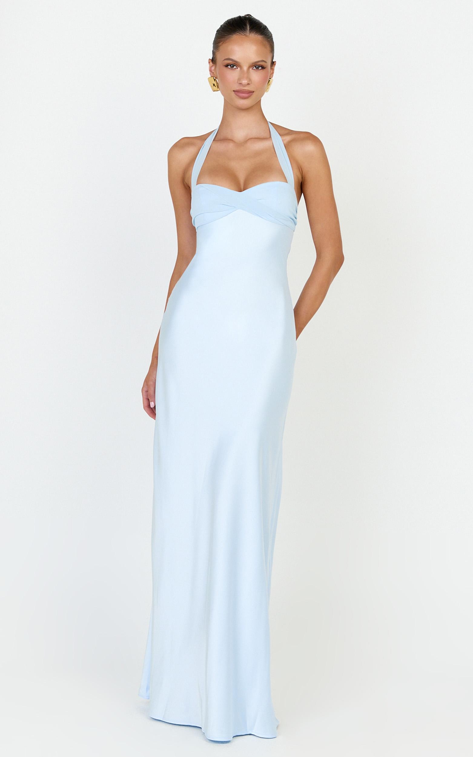 flynn maxi dress - satin halter sweetheart neck dress in blue