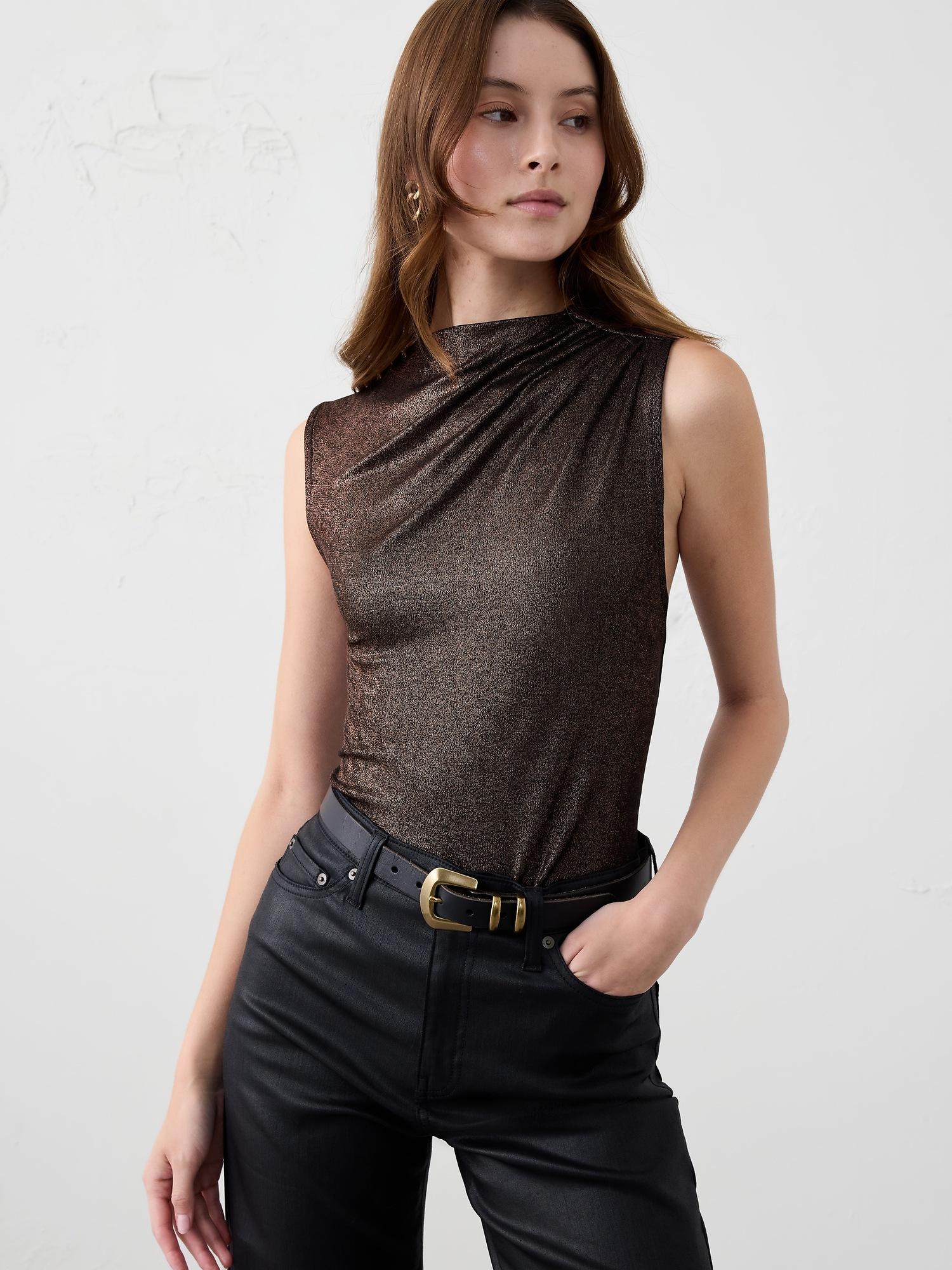 foiled ribbed draped-shoulder top