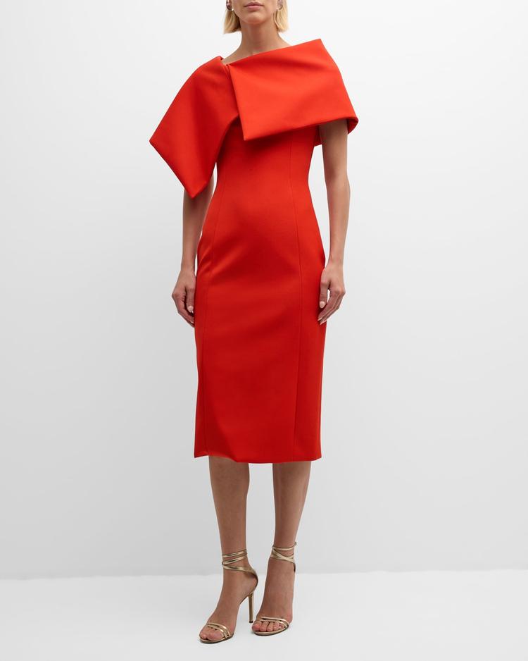 foldover-neck bonded wool tailoring midi dress