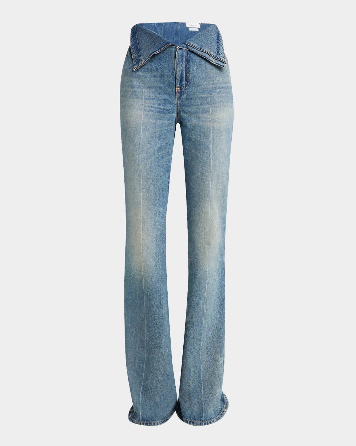 foldover-waist denim flare trousers