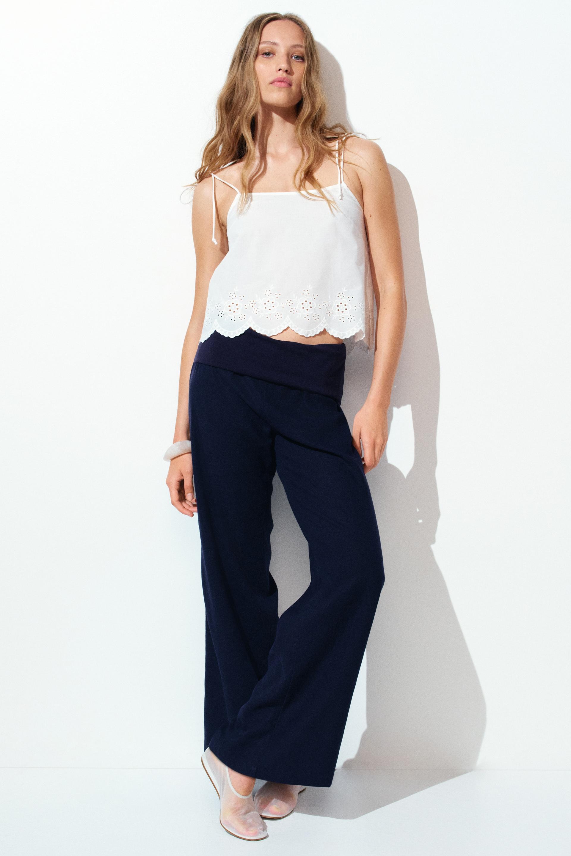 foldover-waist linen-blend pants
