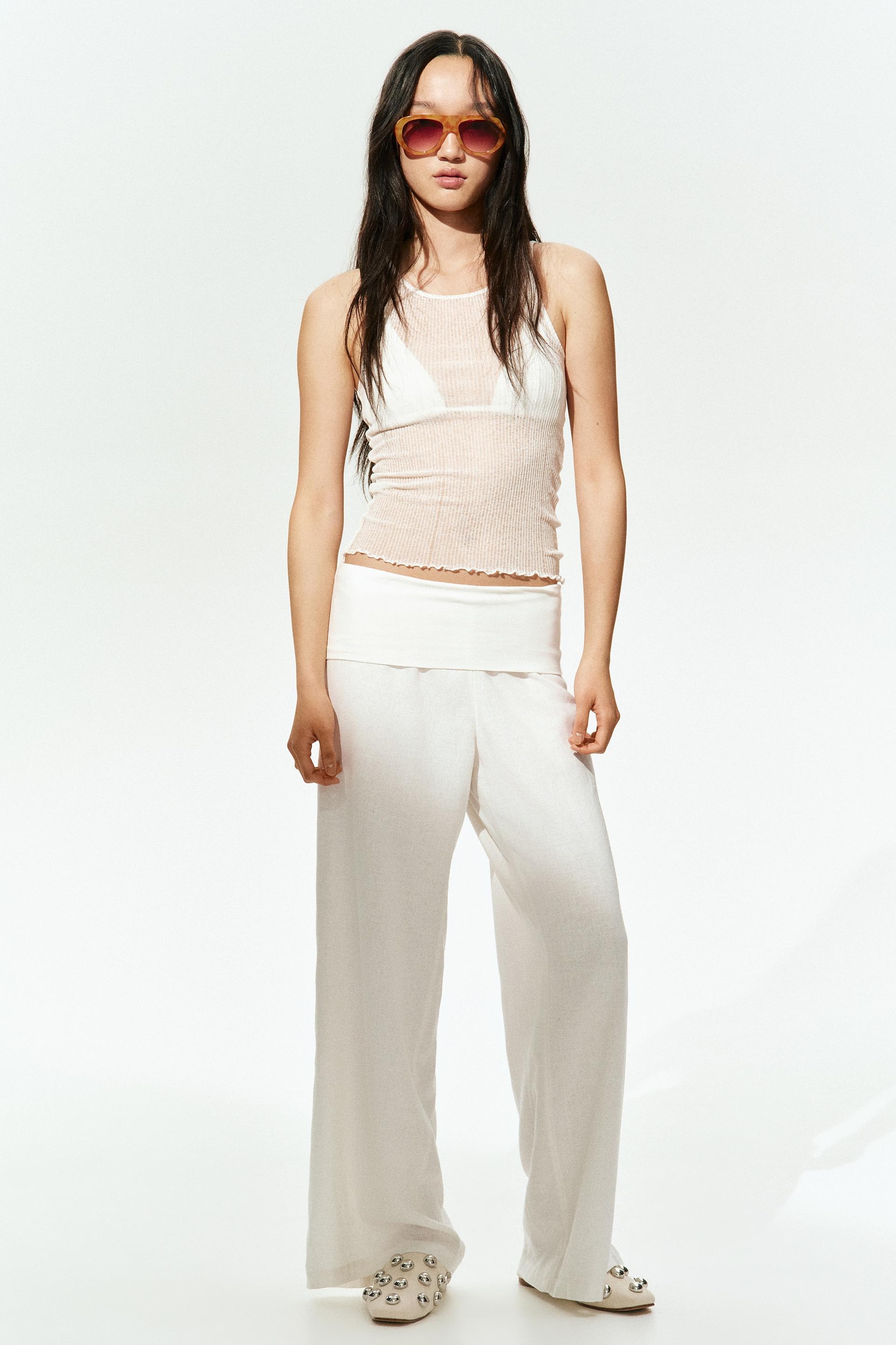 foldover-waist linen-blend pants
